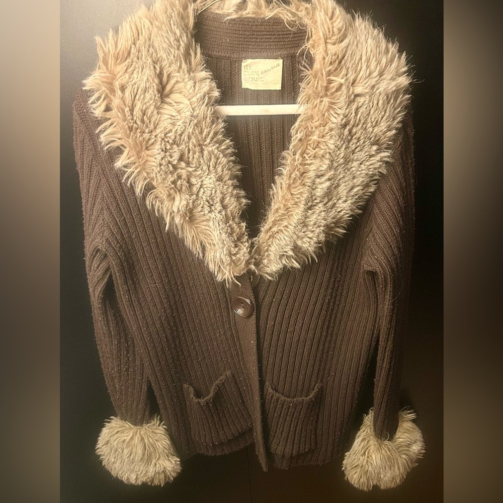S-M Cozy Brown Vintage Sidney Gould Cardigan Sweater with Faux Fur Trim